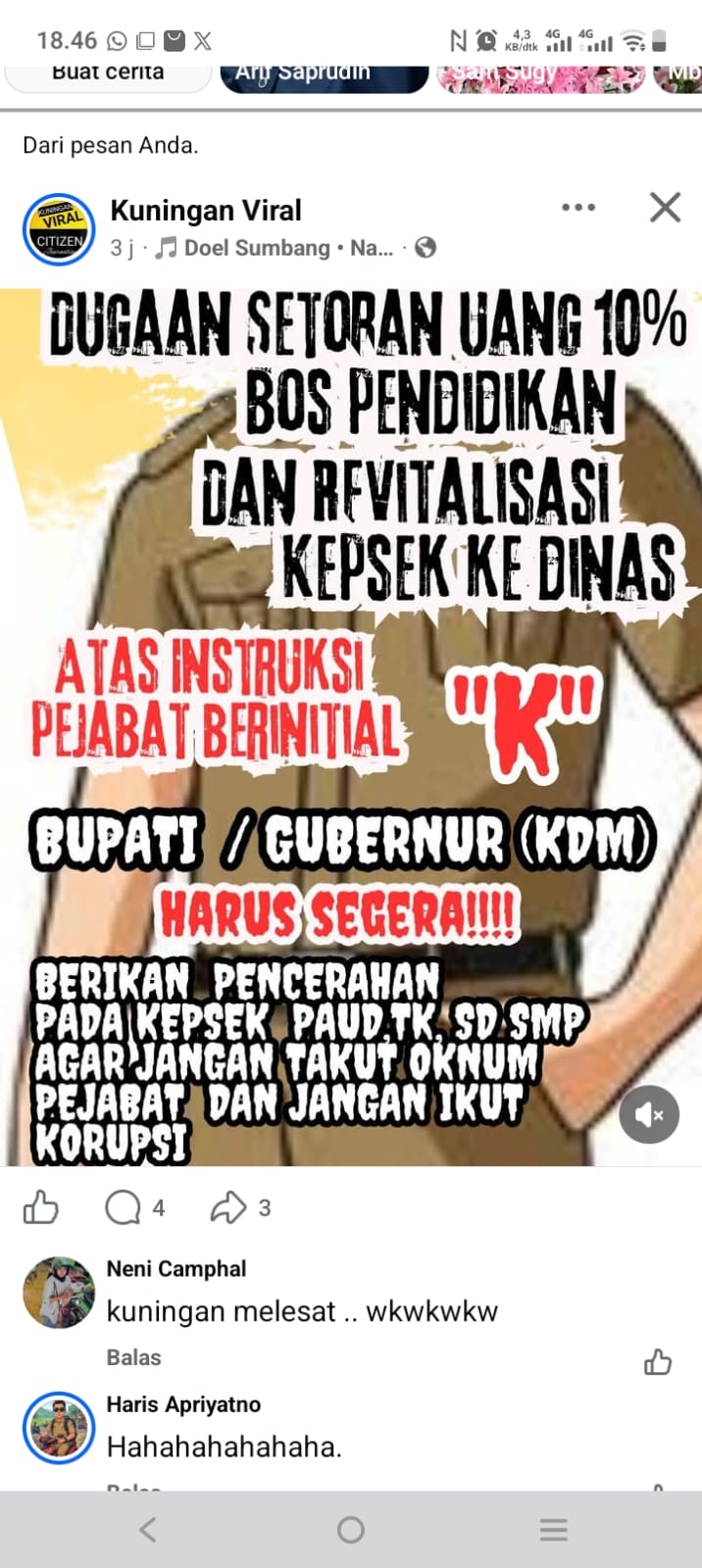 Isu Korupsi Memanas : Akun FACEBOOK Kuningan Viral Sorot Dugaan Setoran 10 % BOS PENDIDIKAN 